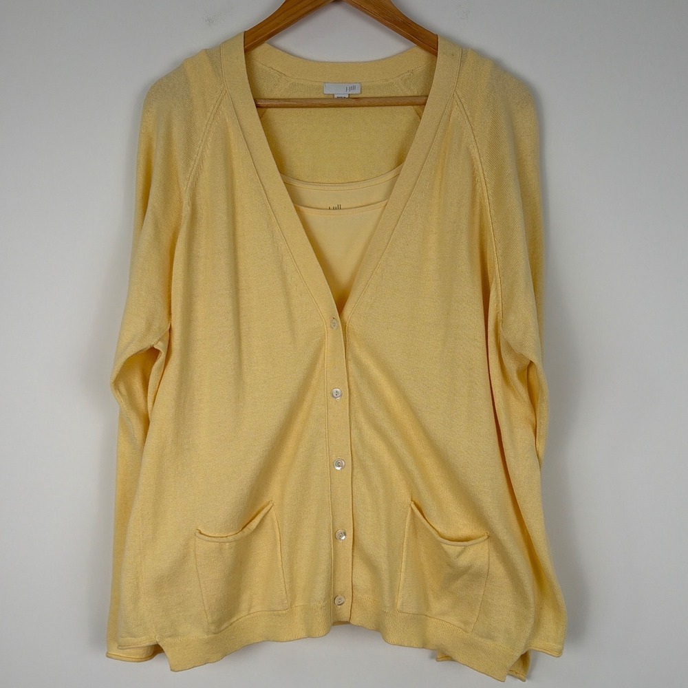 J. Jill Cardigan & Tank Set Women L/XL Butter Yellow Cotton Cashmere Wool